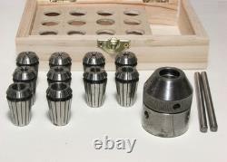 Emco ES-16 Collet Chuck M14 x 1 Thread Mount, and 10 ER-16 Collets, with Box