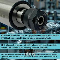 MT3 Rotary Broach Holder ER16 Collet Chuck Set with 7 Hex Broaches CNC Lathe